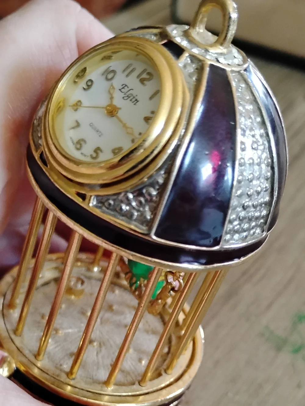 Elgin Clock Gold & Burgundy Enamel Birdcage With Green Bird On Swing Paperweight